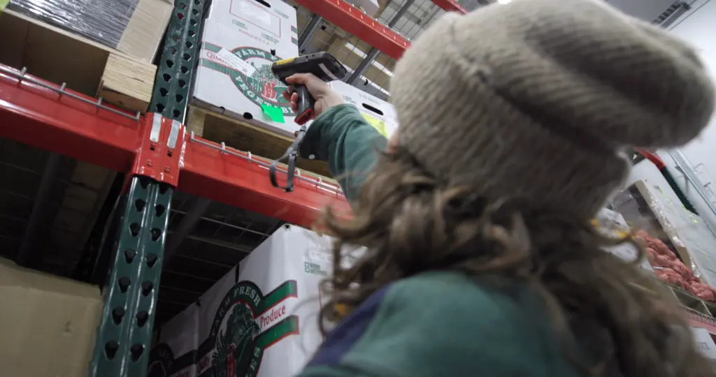 Worker retrieving organic inventory from warehouse shelving with hand scanner.