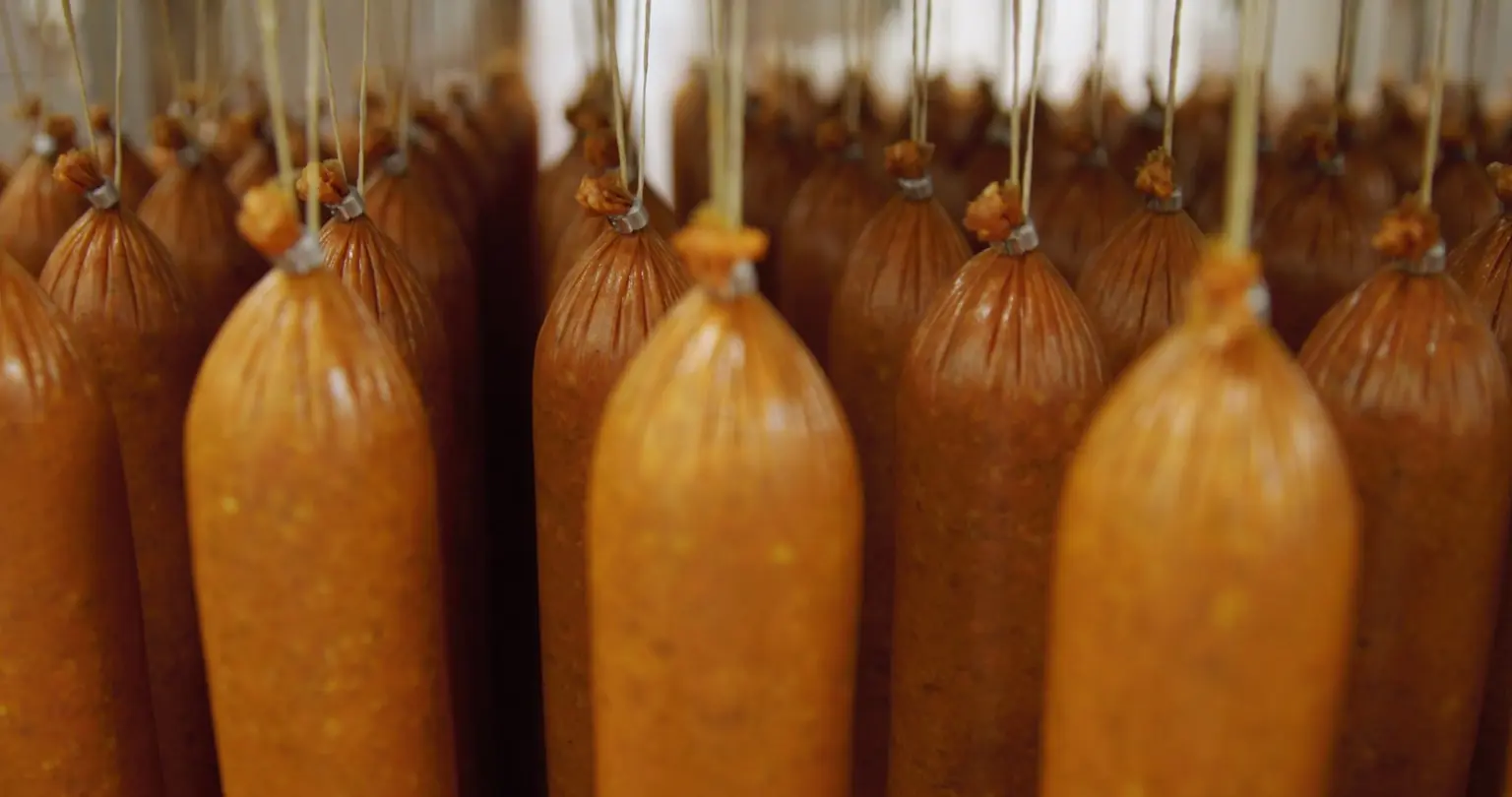 Rows of pepperoni hanging by strings in a curing room