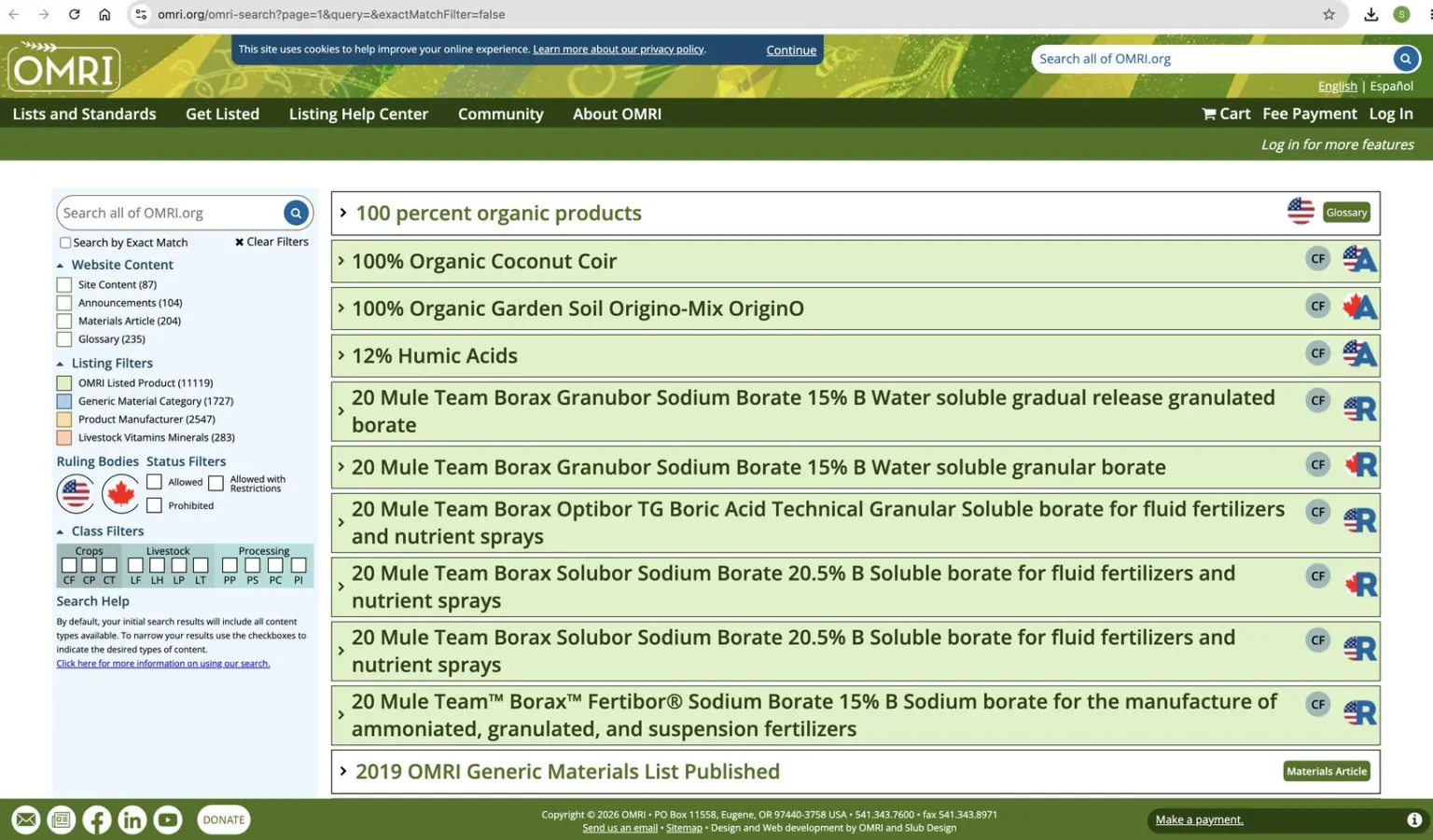 OMRI.org search results page listing OMRI Listed products such as coconut coir, humic acids and sodium borate, with class and status filters down the left side