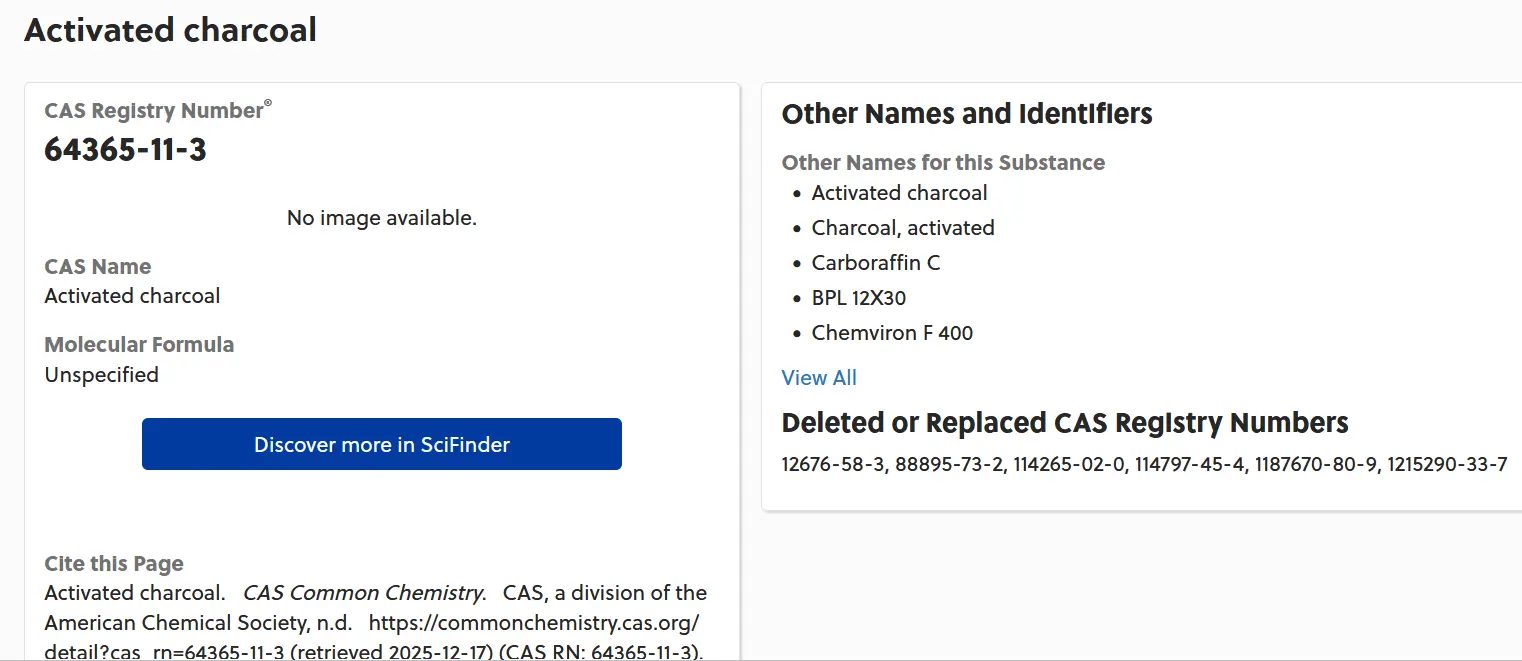 CAS Common Chemistry entry for activated charcoal showing its CAS Registry Number, other names and deleted registry numbers