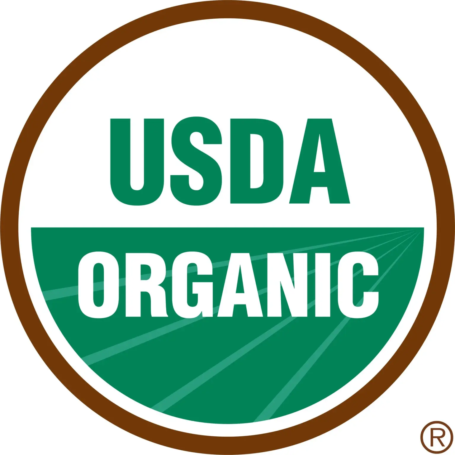USDA Organic seal, a green and white circle inside a brown ring