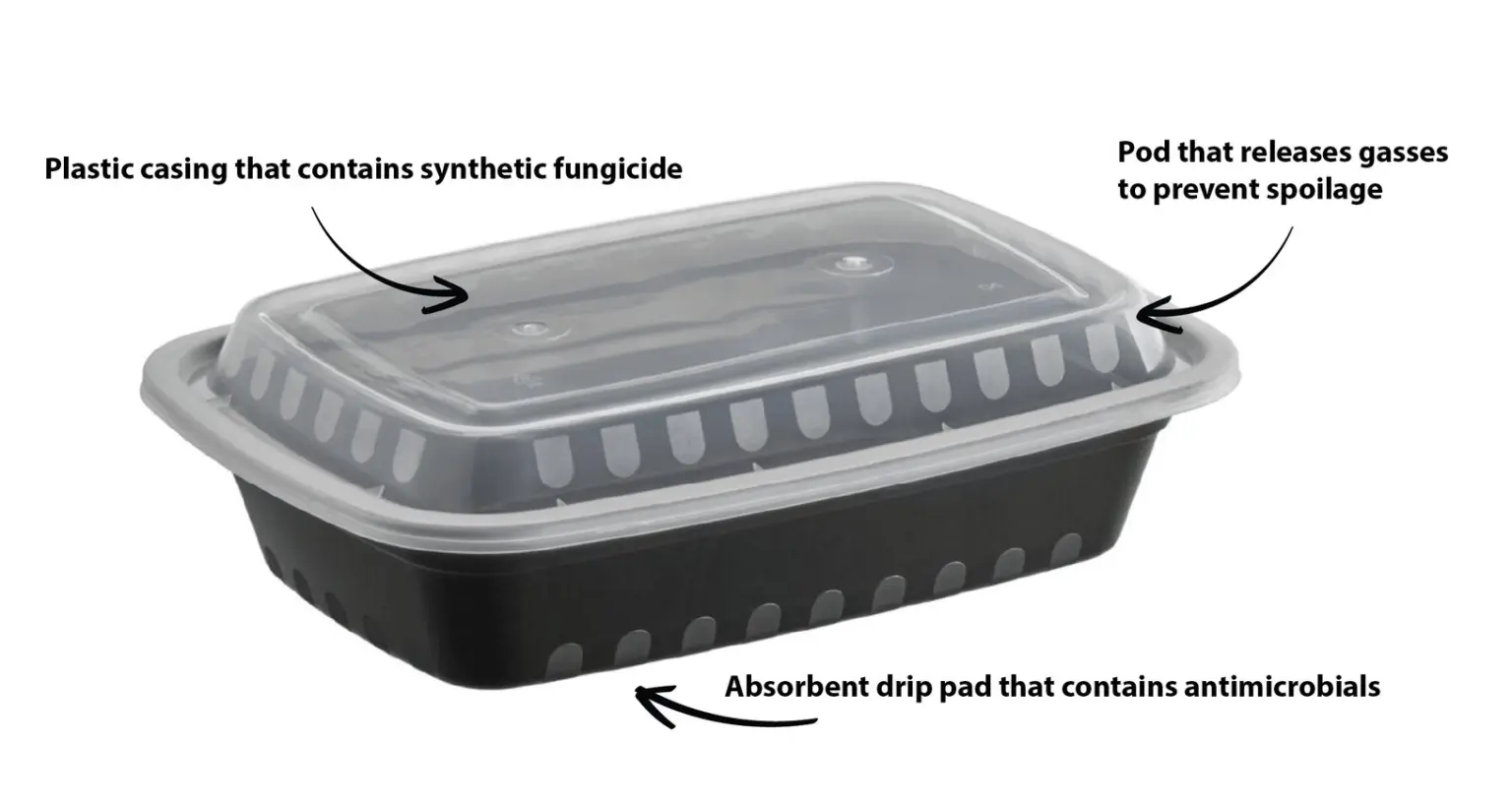 Black takeout container with a clear lid, annotated to show plastic casing containing synthetic fungicide, a pod that releases gases to prevent spoilage, and an absorbent drip pad containing antimicrobials
