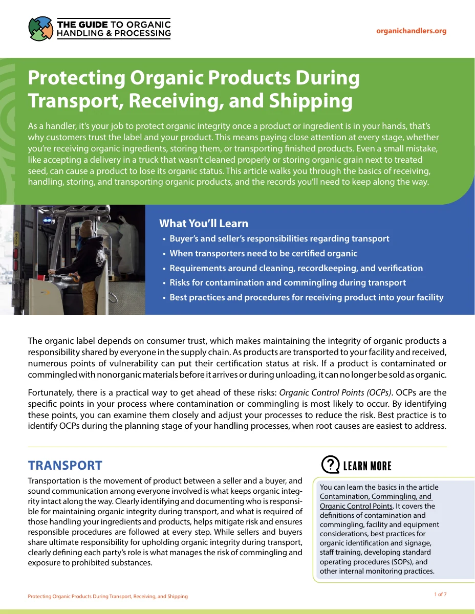 Protecting Organic Products During Transport, Receiving, and Shipping