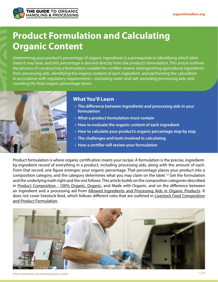 Product Formulation and Calculating Organic Content