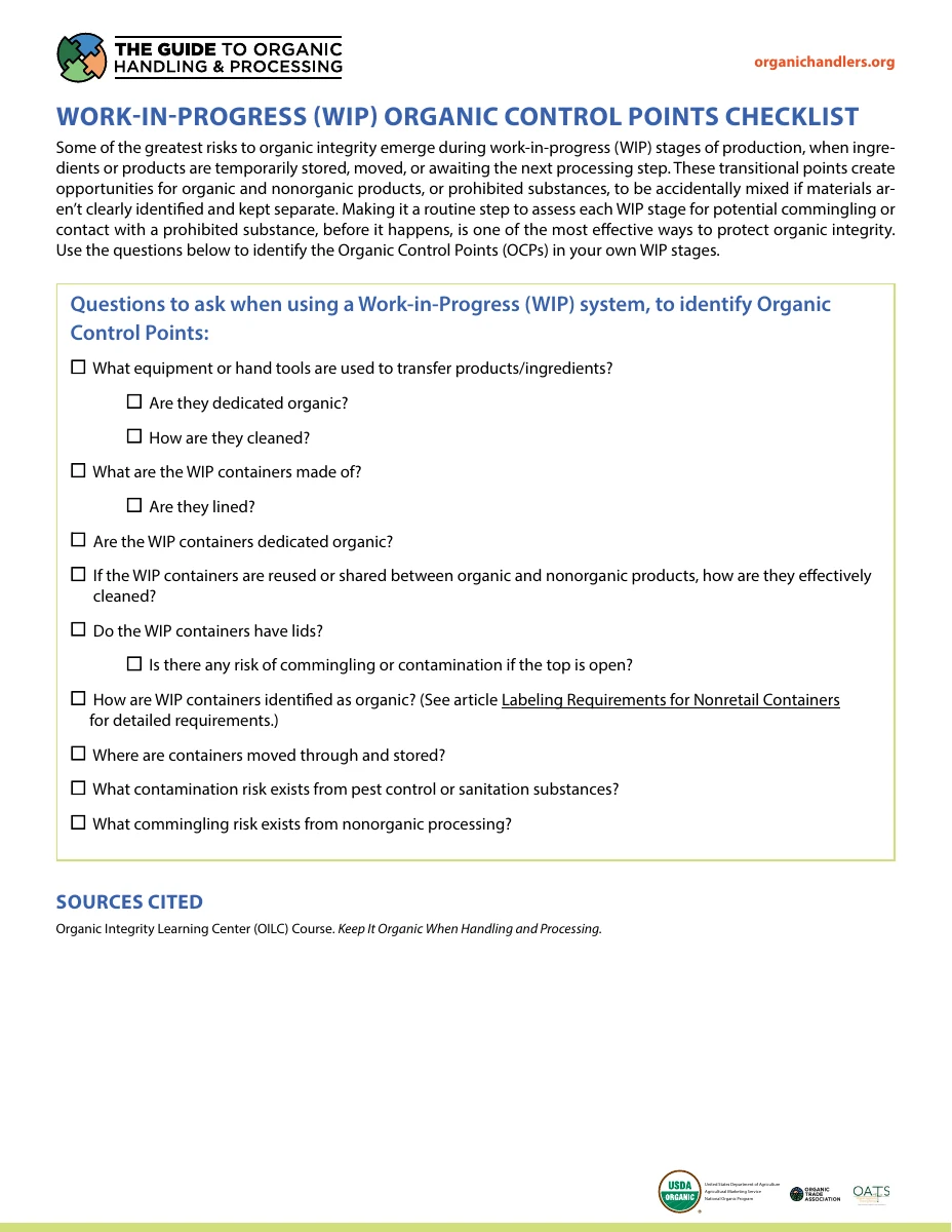Work-In-Progress (WIP) Organic Control Points Checklist