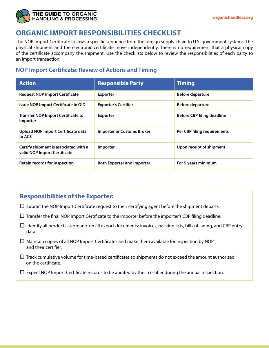 Organic Import Responsibilities Checklist