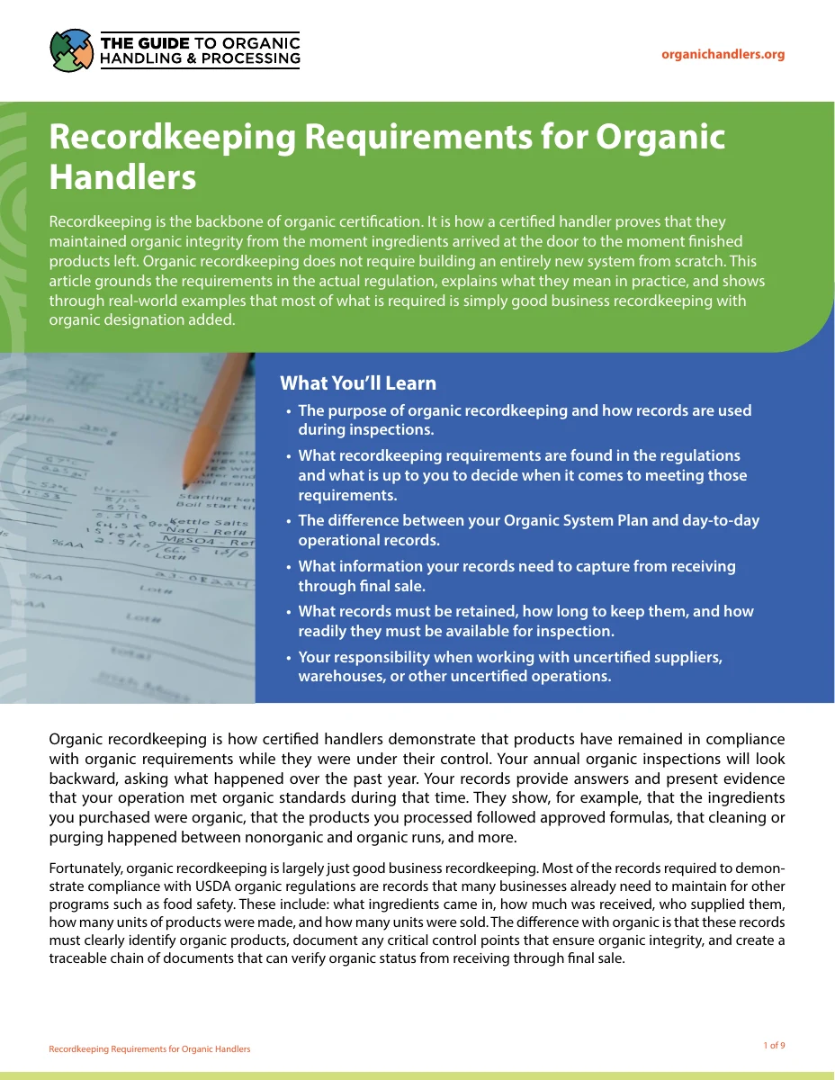 Recordkeeping Requirements for Organic Handlers