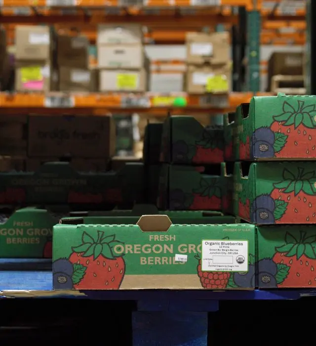 Stacked boxes of organic berries in a warehouse.